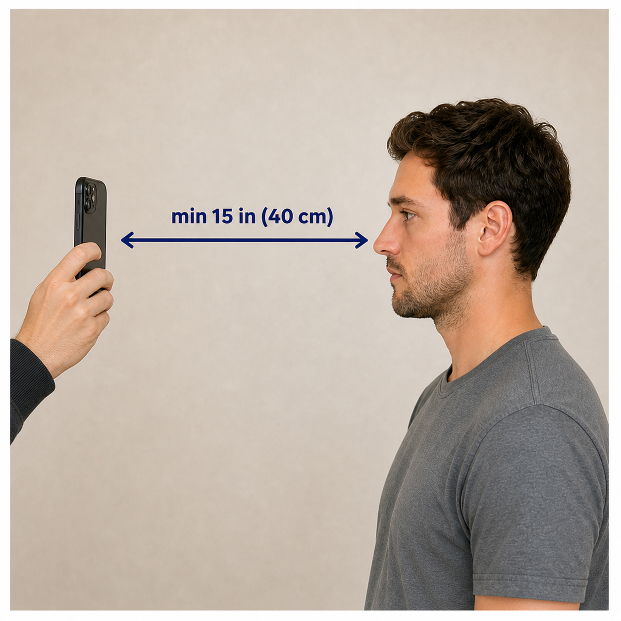 Side-view example showing a phone held at eye level with enough distance from the subject's face